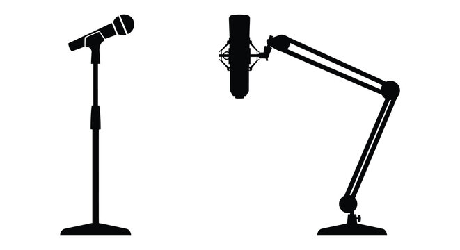 Two microphone stands in black silhouette against a white background a studio recording setup microphones mic mics stand