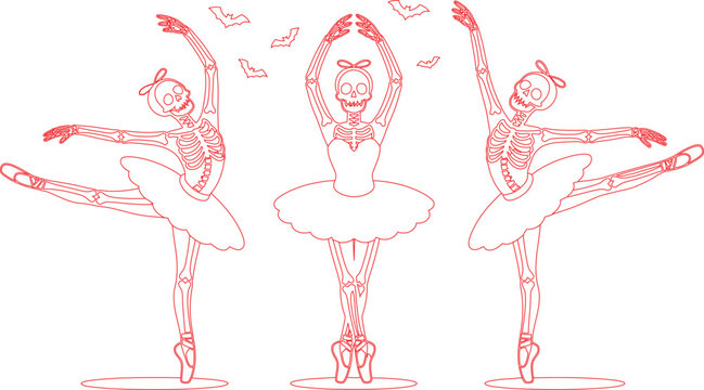 Three skeleton ballerinas dancing in elegant poses with bats flying around for Halloween