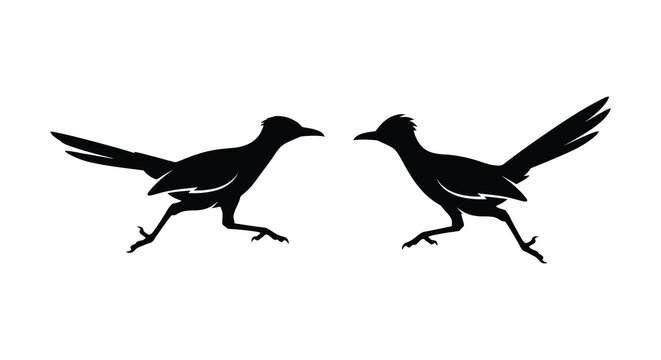 Two roadrunner silhouettes in a dynamic running pose against a white background silhouette roadrunners bird birds runner avian