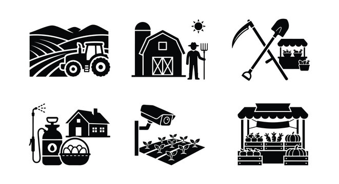 Farming Icons Set Flat Black Silhouettes On White Background