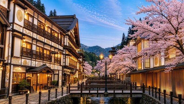 AI-generated 満開の桜と黄金の灯火に包まれる幻想的な大正ロマンの街並み,朝焼けの光あふれる温泉街の歴史的景観