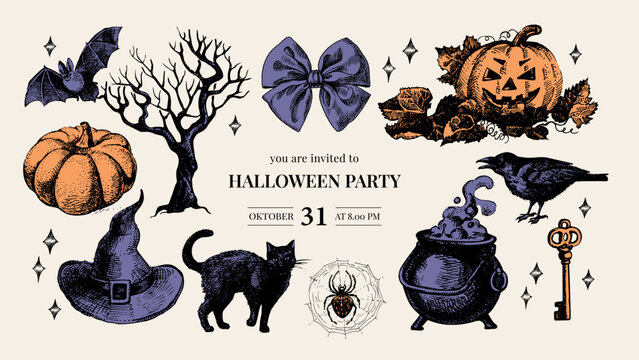 Halloween vintage frame. Hand drawn retro sketch vector illustration. Greeting design for holiday cards, posters, kids party decor. Collage element set