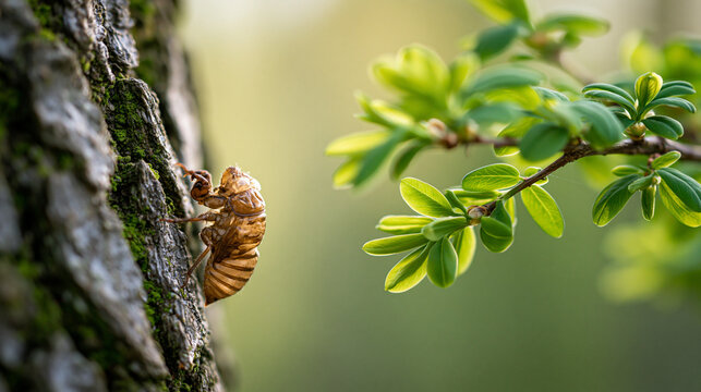 Empty cicada shell on tree bark with green leaves, symbolic transformation in soft morning light.