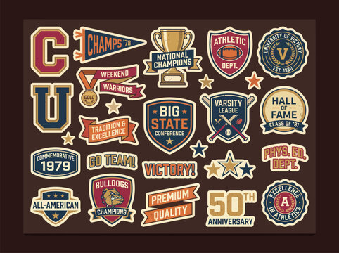 Vintage Multi-Sport University Athletics Championship Badge and Sticker Collection Retro Varsity Emblem Set for College Apparel Sports Graphic Design Alumni Merchandise and Team Branding
