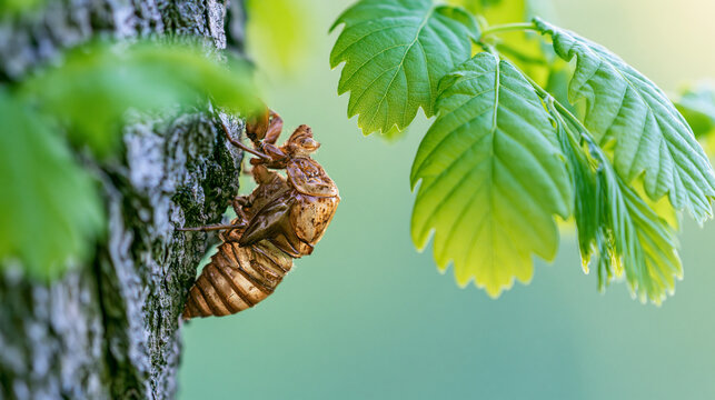 Empty cicada shell on tree bark with green leaves, symbolic transformation in soft morning light.