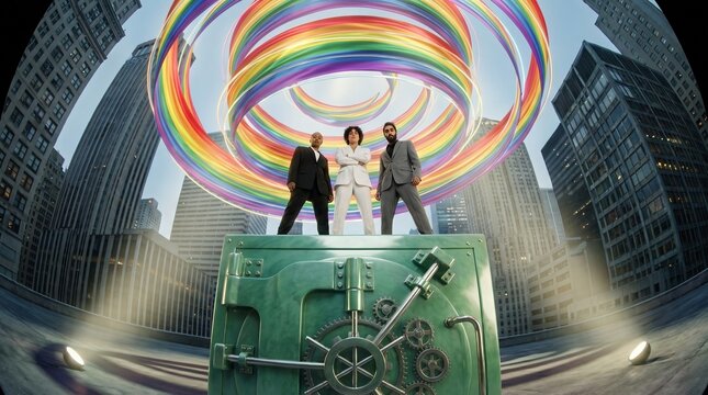 Business Team Standing on Vault with Rainbow Light