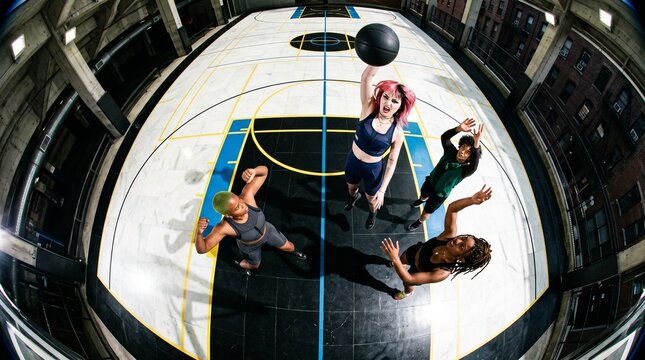 Women Playing Basketball on Urban Rooftop Court