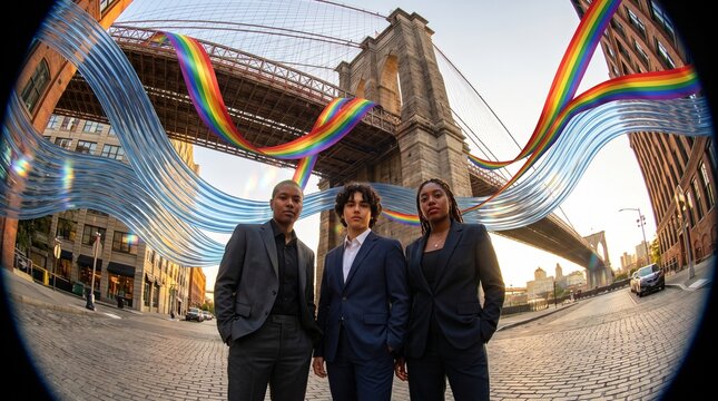 Diverse Business Professionals Standing Under Rainbow Installation