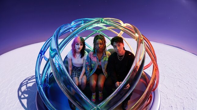 Three Young Adults Posing Inside Neon Heart Frame