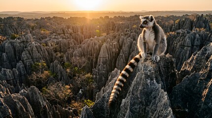 Fototapeta premium Ring tailed lemur perched on limestone formation at sunset madagascar wildlife photography