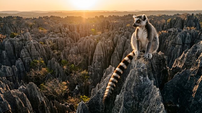 Ring tailed lemur perched on limestone formation at sunset madagascar wildlife photography