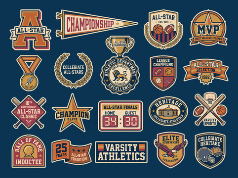 Vintage All-Star Multi-Sport University Athletics Championship Badge and Sticker Collection Retro Varsity MVP Emblem Set for College Apparel Sports Graphic Design and Team Branding

