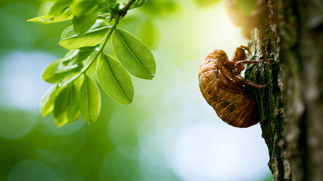Empty cicada shell on tree bark with green leaves, symbolic transformation in soft morning light.