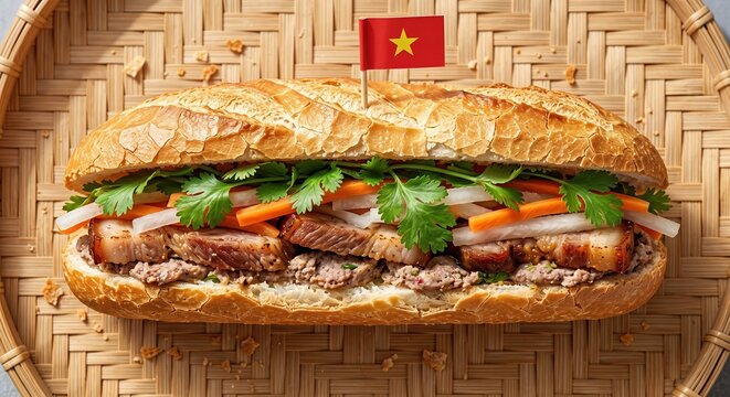 A delicious Vietnamese Banh Mi sandwich filled with savory pork fresh cilantro pickled carrots and daikon served on a rustic bamboo tray National Sandwich Day November 3