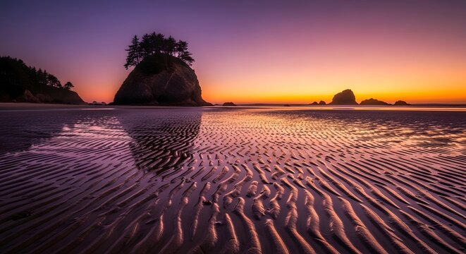 Rialto beach sunset dramatic coastal landscape with sea stacks and reflective sand patterns
