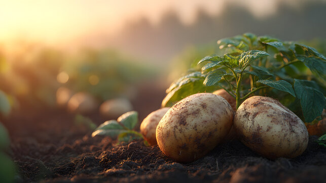 Fresh potatoes harvest on soil ground at sunrise in organic farm field vegetable gardening.