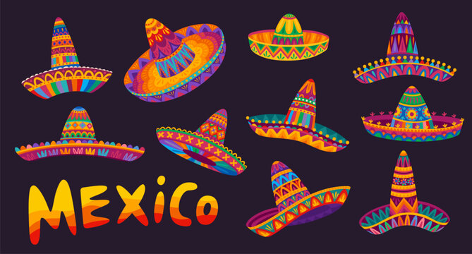 Mexican sombrero hats, cartoon Mexico mariachi costume elements with traditional hispanic pattern. Mexican music festival, fiesta party and carnival festive sombrero hats with bright color ornaments
