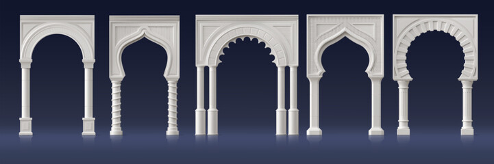 Fototapeta premium Realistic palace white marble arch and pillar gate, 3d greek roman archway and temple arc doorway. Ancient architecture white marble stone arcade supported by columns, decorative wedding arches set