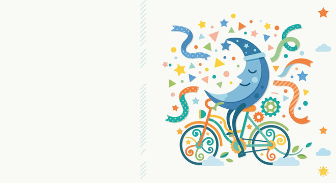 A whimsical vector illustration featuring a smiling blue crescent moon wearing a nightcap and riding a bicycle amidst stars, confetti, and ribbons.
