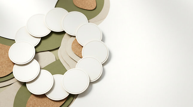 Circular white paper coasters arranged in a ring on a background, of green and, cork textures