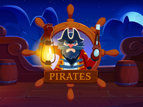 Pirate game interface with cartoon corsair captain and ship steering wheel on cartoon sailboat deck. Caribbean pirates game interface with sailor in captain hat with lantern on wooden boat with helm