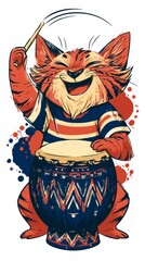 Naklejka premium Joyful red fox plays drum with energetic motion. Striped t-shirt and patterned drum add vibrant flair. Splashes of color surround the fox, enhancing the lively feel