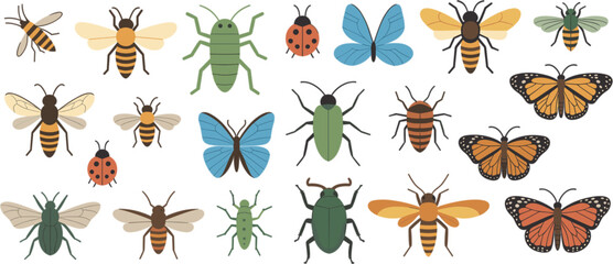 Colorful insect icon set, butterfly bee beetle dragonfly ladybug vector collection isolated illustration pack © MdMotiur