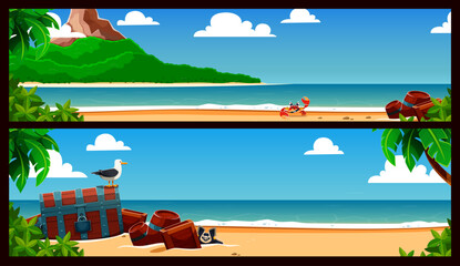 Cartoon tropical island landscape with pirates treasure chest and corsair tricorn hat. Caribbean adventure tropical island landscape with palm trees at sea beach and funny crab with seagull characters © Vector Tradition