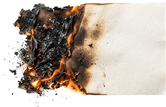 Close up view of a burning piece of paper with flames licking at the edges and charred debris scattered across a white surface burning paper fire ash destruction damage heat combustion