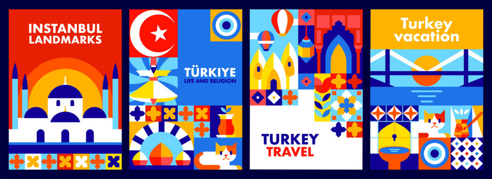 Turkey travel posters with geometric mosaic patterns. Vibrant red, blue and yellow layouts featuring Istanbul landmarks, dervish dancer and Cappadocia hot air balloons for tourism industry advertising