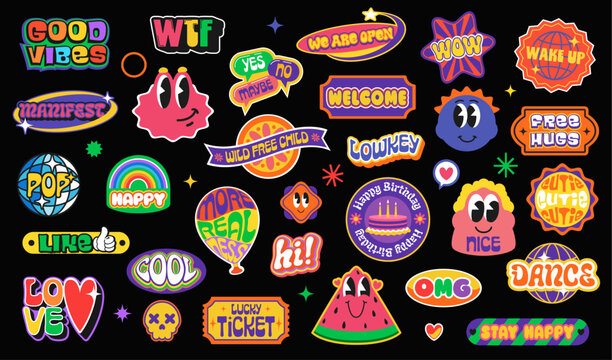 Y2k retro stickers and groovy patch icon labels of trendy cool shapes, cute smile emojis and pop art groovy elements. Vector y2k funky face, globe, love heart and flower, aesthetic star, sun stickers