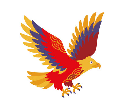 Japanese New Year hawk bird icon with red and gold feathers in mid flight with decorative wave pattern and fierce talons. Asian symbol of first dream festive tradition or seasonal cultural celebration