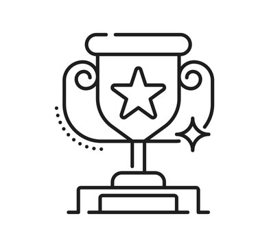 Trophy cup with ranking star emblem, black line pictogram and best quality icon. Review and rating star award sign, conveying achievement, victory and recognition for winner prize, rating and success