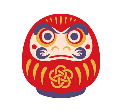 Japanese New Year Daruma doll with angry emotion, big, eyes, wide eyebrows and curved mustaches. Red doll with golden knot patterns for Asian holiday greeting card and Oshogatsu promotional materials