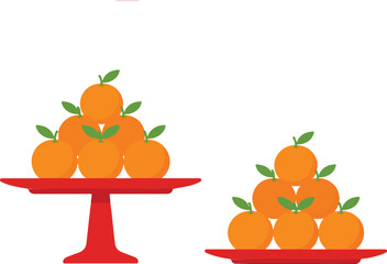 Fresh oranges stacked on red serving stands with green leaves, healthy fruit arrangement vector illustration for kitchen and food design © ABUSAYED
