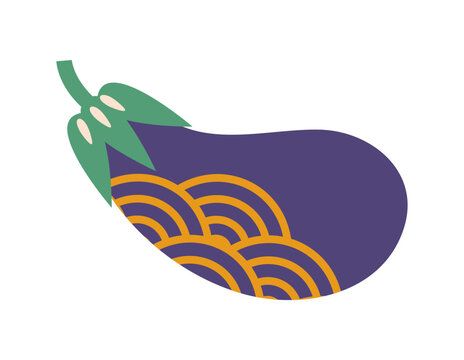 Eggplant icon with green stem and traditional seigaiha wave pattern representing Japanese New Year first dream symbol, luck and cultural celebration for holiday greetings, festive and seasonal events