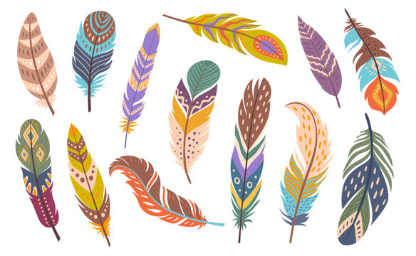 Boho and ethnic native indigenous tribal bird feathers, bohemian quill accessory. Cartoon decorative bird quills in vibrant pastel and earthy tones with native American patterns. Fantasy bird plumage