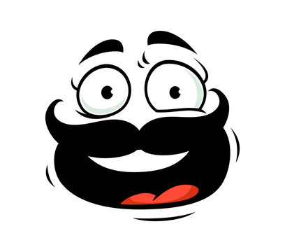 Cartoon cheerful moustache face emoji with wide expressive eyes, big grin and red tongue. Playful comic character emotion of joy, surprise and mischief. Funny happy expression for emotive stickers