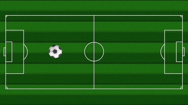 Top-down view of Animated Football Pitch Line Drawing with Soccer Ball Rolling into the Center Circle animation 4k.