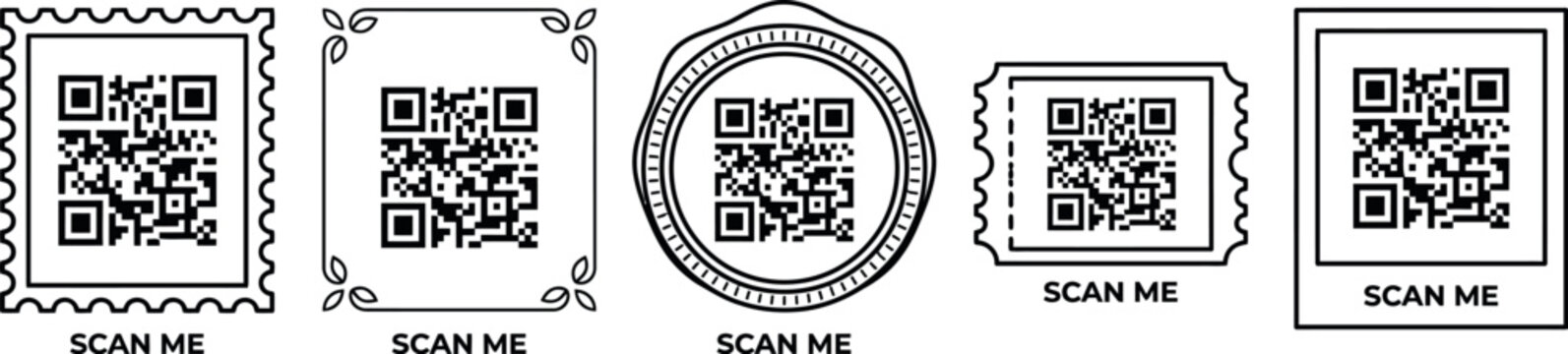 Decorative Frame Style QR Code Scan Me Label Set with Stamp Floral Circular Ticket and Box Designs Vector for Mobile Marketing Digital Advertising Retail Packaging and Promotional Campaign
