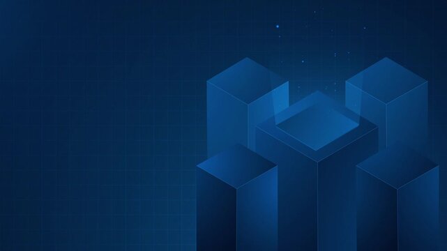Abstract Isometric 3D Blue Pillar Column Rising Up with Light Particles on a dark grid background. Motion Graphic animation 4k.
