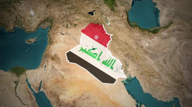 Iraq Map with National Flag Overlay on Satellite Earth Background Animation.