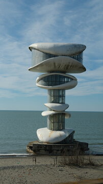 Futuristic abandoned observation tower on the Black Sea coast in Anaklia, Georgia