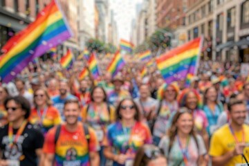 Naklejka premium Defocused pride festival crowd carrying rainbow flags during LGBTQ celebration.