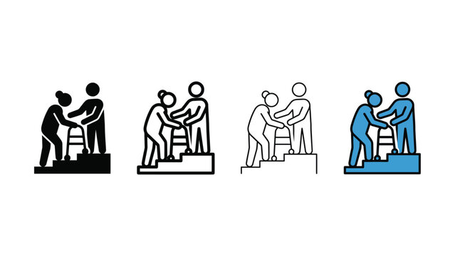Teamwork and support concept with four variations of people helping each other climb stairs flat icon set