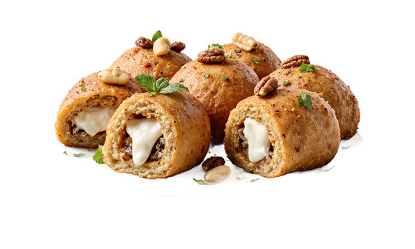 Kibbeh meat appetizers savory stuffed croquettes with melted cheese filling and pecans cut out on a transparent background