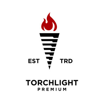 Torch Flame Logo Icon. Vintage Stylized Fire Brand Emblem with EST TRD Text, Symbolizing Light and Premium Quality.