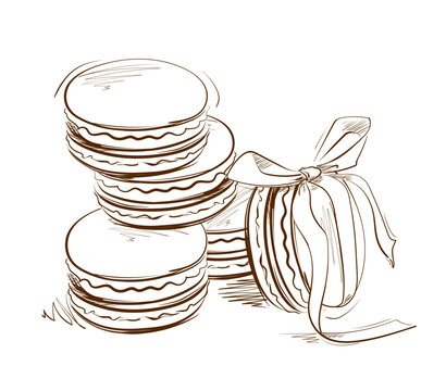 French macaroons in vector, sketched with brown line art