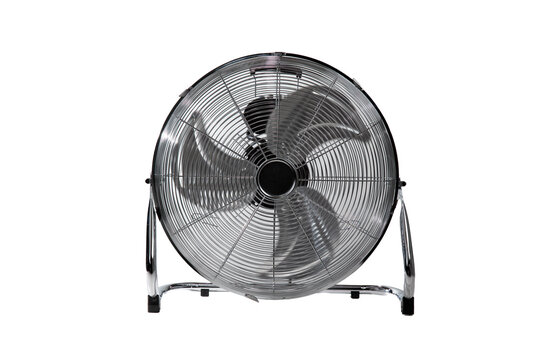 Industrial Chrome Floor Fan Isolated on White Background Front View