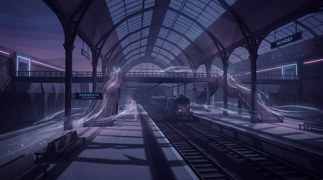 Muted Synthwave Illustration of Kenopsia showing an empty neon lit train station with translucent trails representing the eerie absence of a crowd